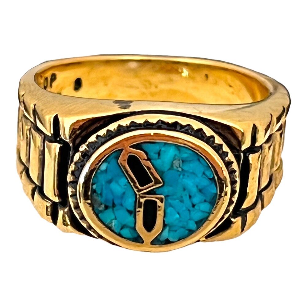 Vintage 1980s Castings on Parade Ring Size 10 Turquoise Chip Gold Tone - 14W